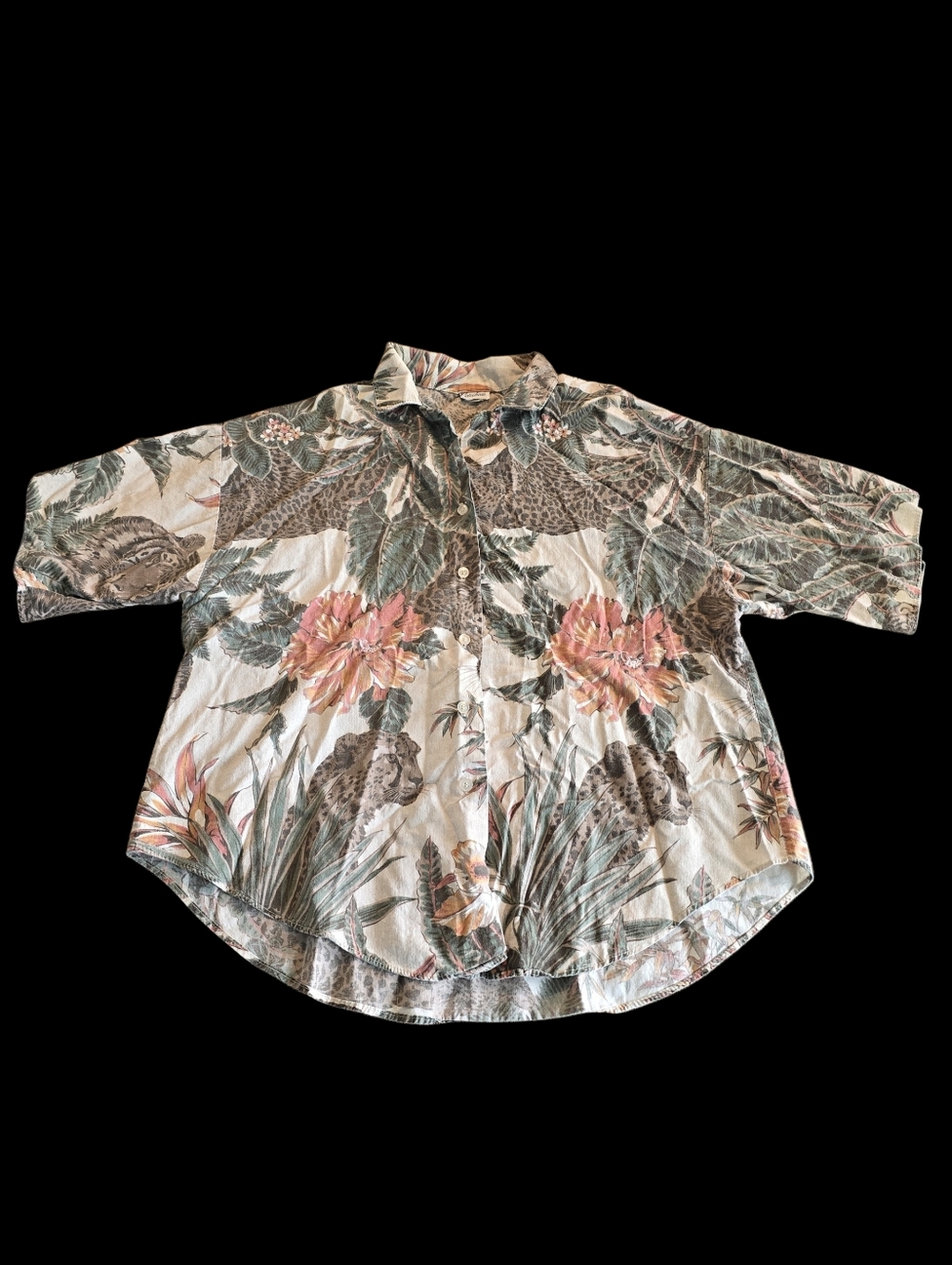 Vintage Caribou Tropical Cheetah Tiger Floral Button Down Shirt *READ*